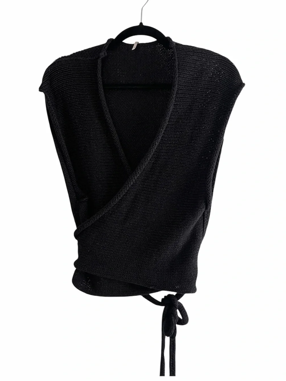 Free People Black Open Knit Wrap Vest Adjustable Side Tie Boho Medium